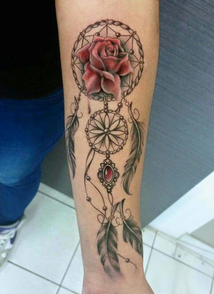 Rose Flower And Dreamcatcher Tattoo On Left Forearm
