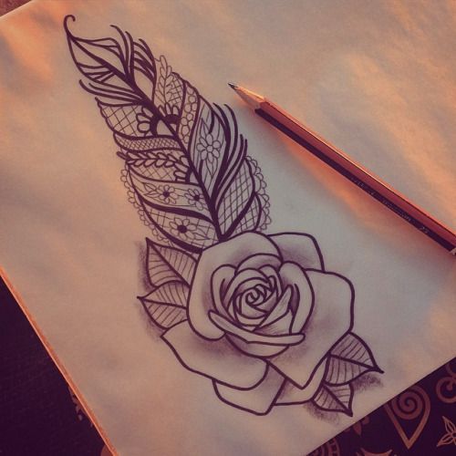 Rose Flower And Feather Tattoo Design