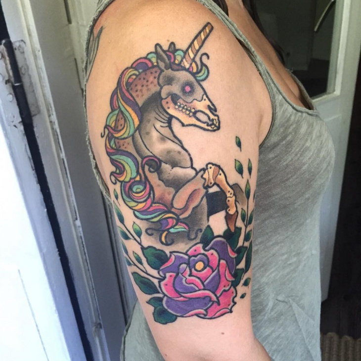 Rose Flower And Gothic Unicorn Tattoo On Right Half Sleeve