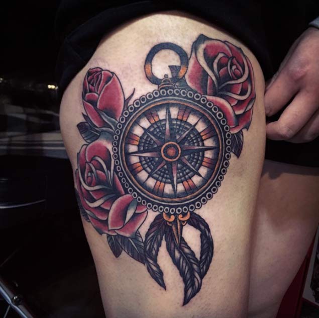 Rose Flower And Compass Tattoo On Thigh