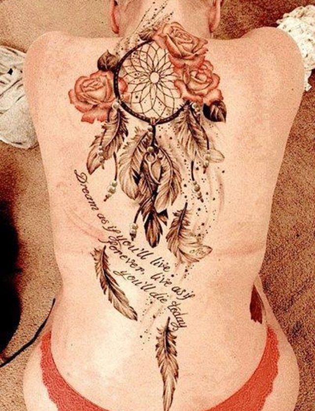 Rose Flowers And Dreamcatcher Tattoo On Girl Back Body