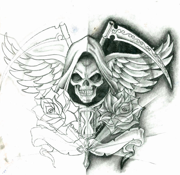 Rose Flowers And Winged Grim Reaper Tattoo Design