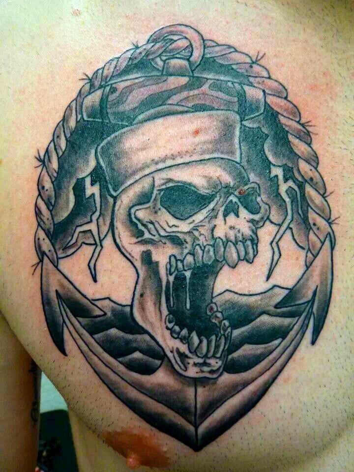 Sailor Skull And Anchor Navy Tattoo On Chest