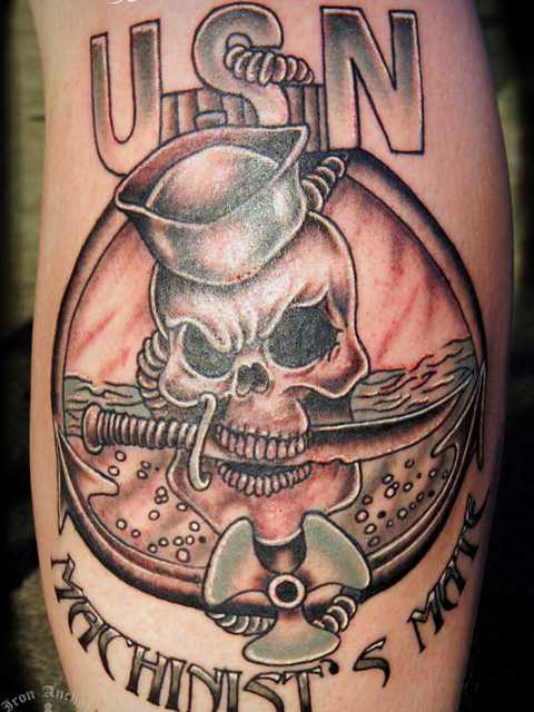 Skull With Knife USN Tattoo On Leg