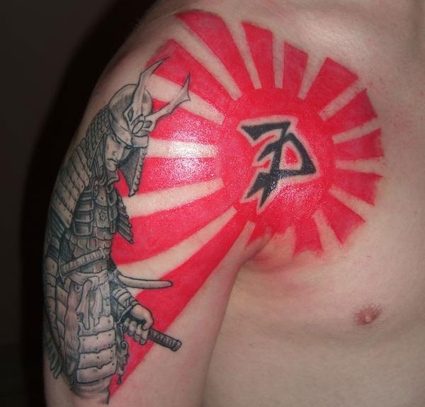 Samurai And Rising Sun Tattoo On Man Right Shoulder