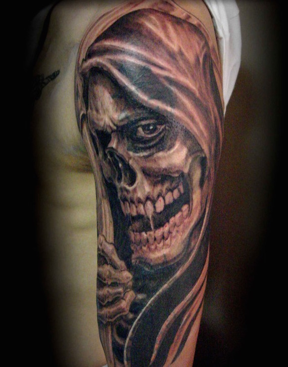 Scary Grim Reaper Skull Tattoo On Man Left Half Sleeve