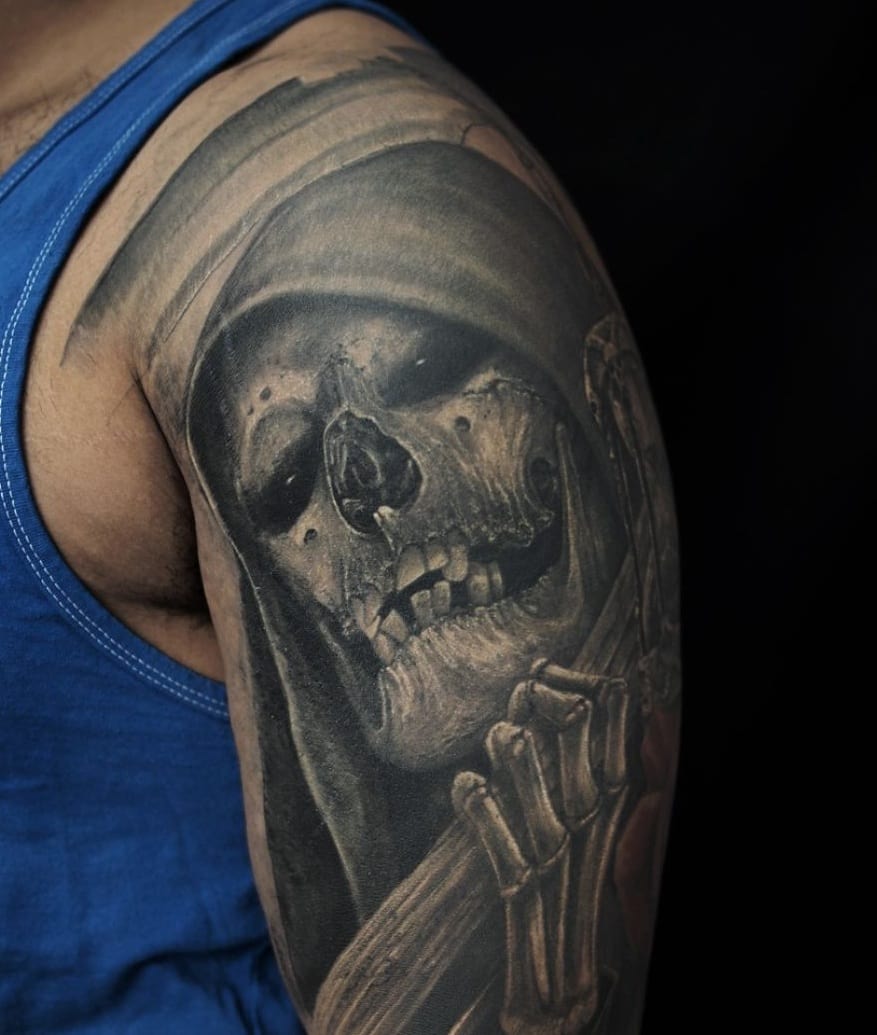 Scary Grim Reaper Skull Tattoo On Man Left Shoulder
