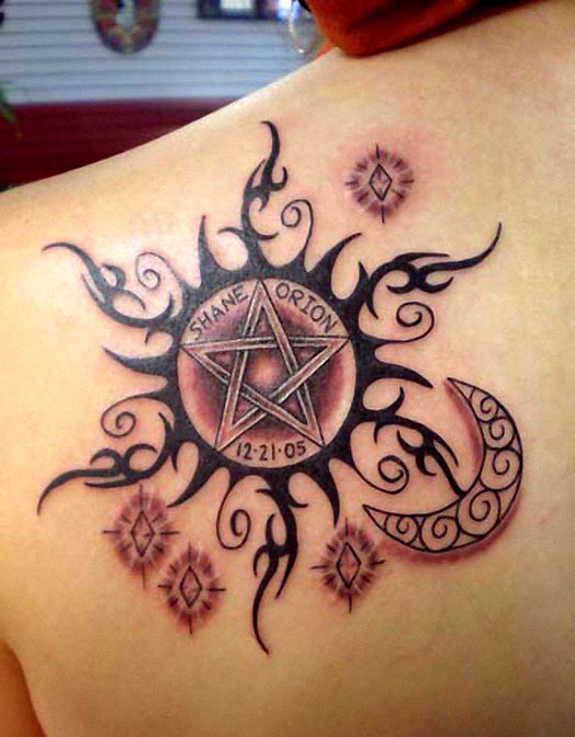 Shane Orion Memorial Moon And Sun Tattoo On Left Back Shoulder
