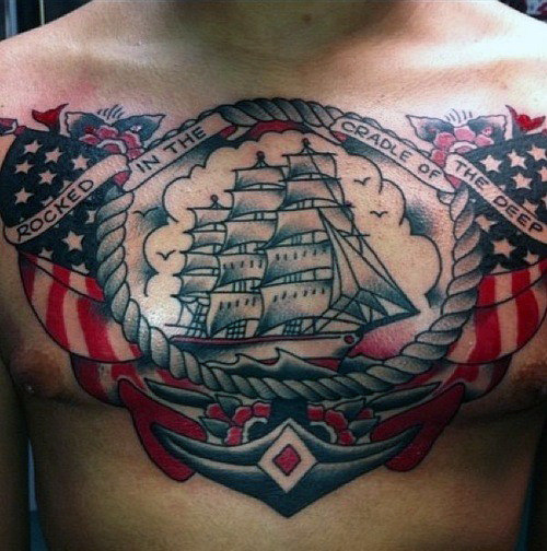 Ship And Navy Anchor Tattoo On Man Chest