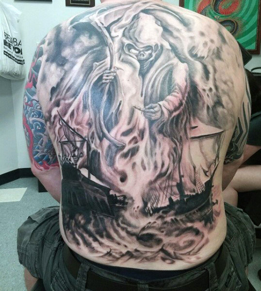 Ships And Grim Reaper Tattoo On Man Full Back