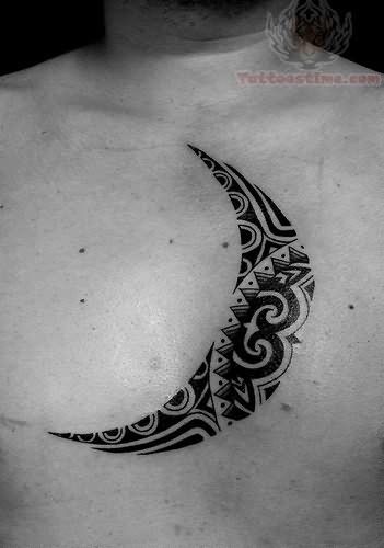 Simple Black Ink Moon Tattoo On Chest For Men