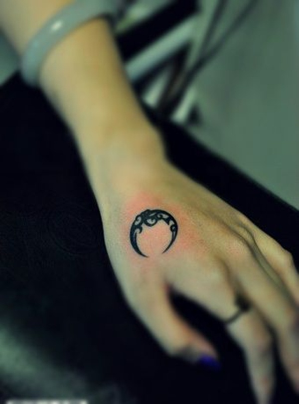 Simple Black Tribal Moon Tattoo On Left Hand