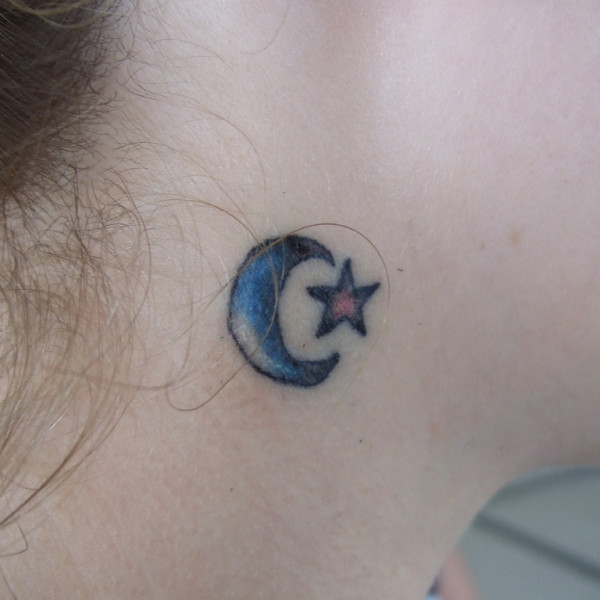 Simple Blue Moon And Star Tattoo On Side Neck
