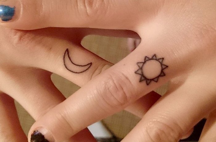 Simple Moon And Sun Tattoos On Fingers