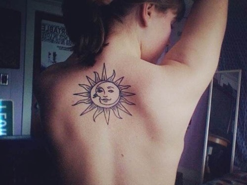 Simple Sun And Moon Tattoo On Girl Upper Back