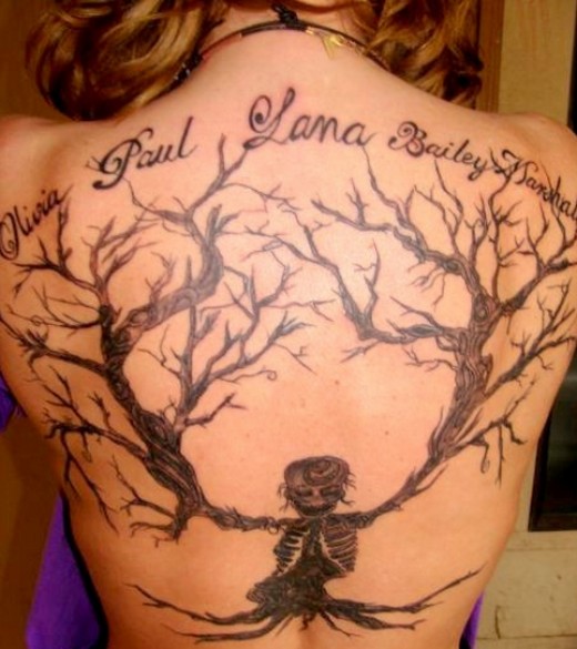 Skeleton Ash Tree Tattoos On Girl Back Body