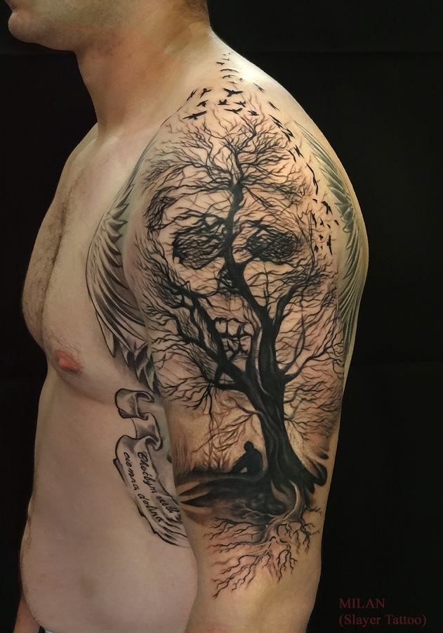 Skull And Autumn Tree Tattoo On Man Left Shoulder