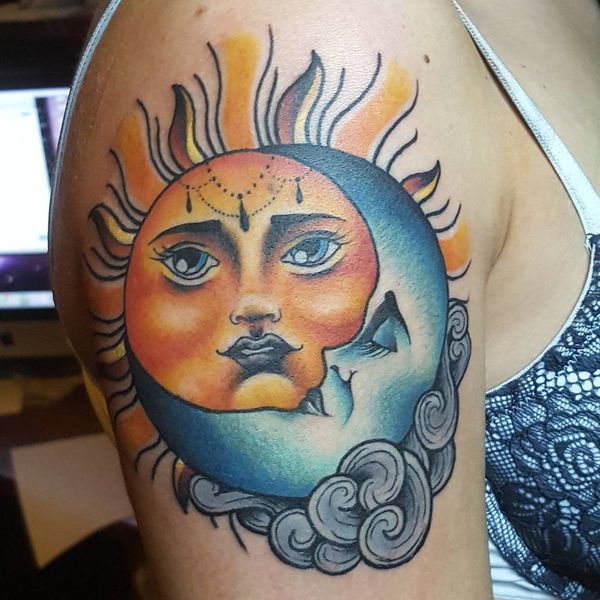 Sleeping Blue Moon And Sun Tattoo On Right Shoulder