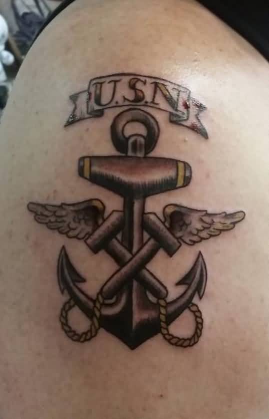 Small Angel Winged Anchor Navy Tattoo