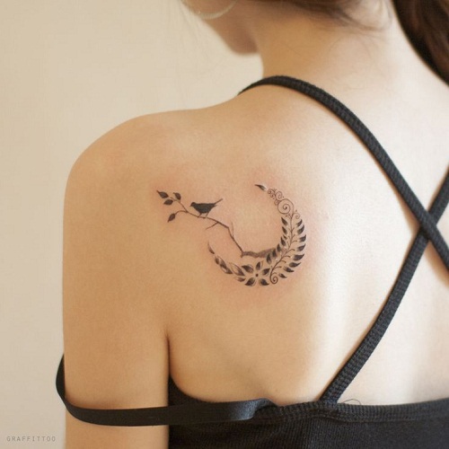 Small Bird And Moon Tattoo On Left Back Shoulder