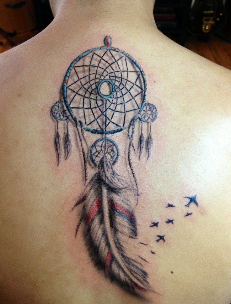 Small Birds Flying and Dreamcatcher Tattoo On Upper Back