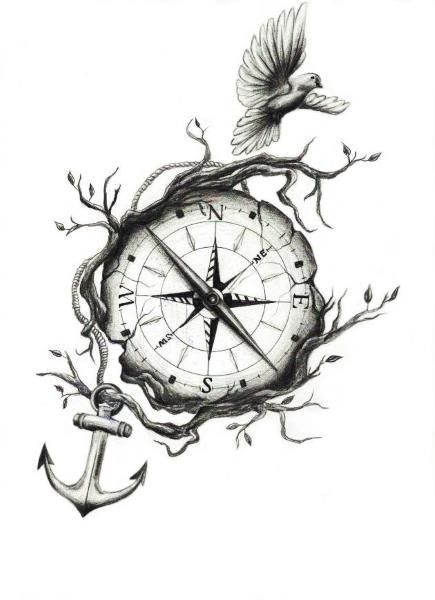 Small Flying Bird And Compass With Anchor Tattoo Design
