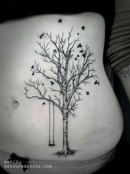 Small Flying Birds From Birch Tree Tattoo On Hip