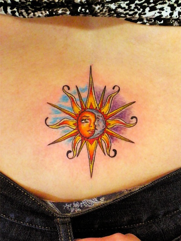 Small Half Moon And Sun Tattoo On Lower Back