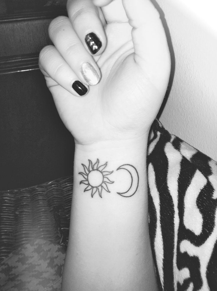Small Outline Moon And Sun Tattoos On Right Wrist