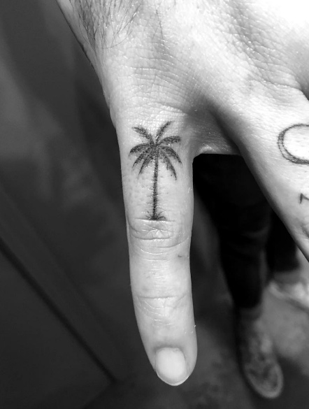 Small Palm Tree Tattoo On Finger