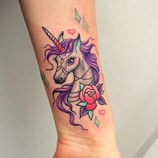 Small Rose And Feminine Unicorn Tattoo On Left Forearm