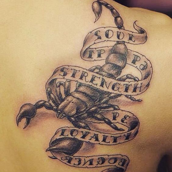Soul, Strength, Loyalty Banner With Scorpion Tattoo On Right Back Shoulder
