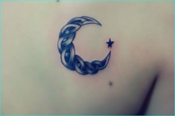 Stars And Celtic Moon Tattoo On Back Shoulder