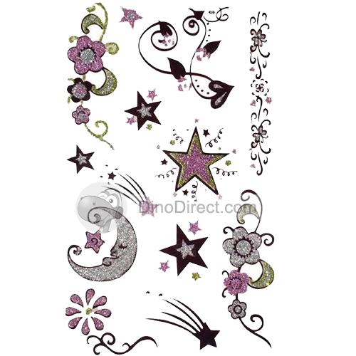 Stars, Flowers And Moon Tattoo Design