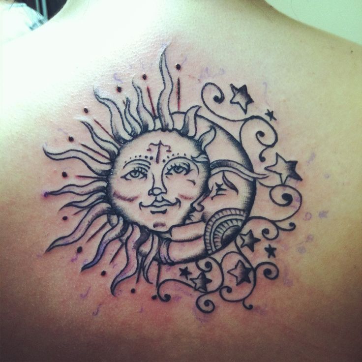 Stars, Moon And Sun Tattoo On Upper Back