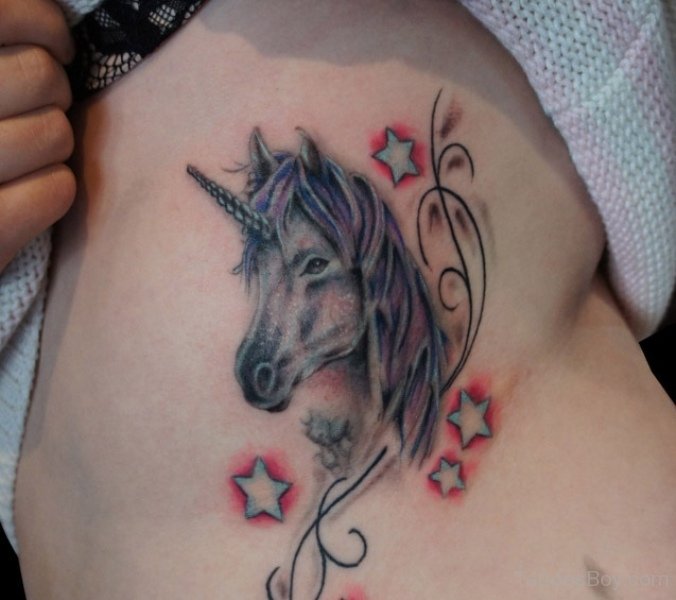 Stars and Feminine Unicorn Head Tattoo On Side Rib