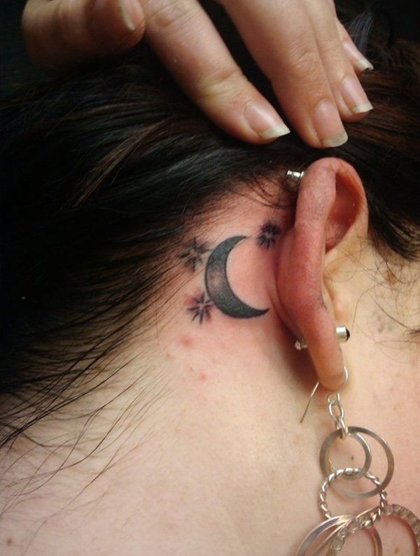 Stars and Moon Tattoo Behind The Ear