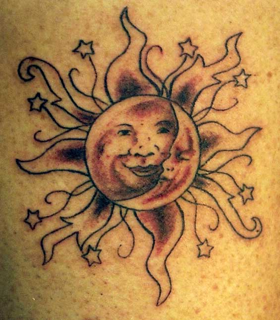 Sun And Moon With Tiny Stars Tattoo Idea