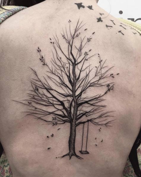 Swing In Autum Tree Tattoo On Back