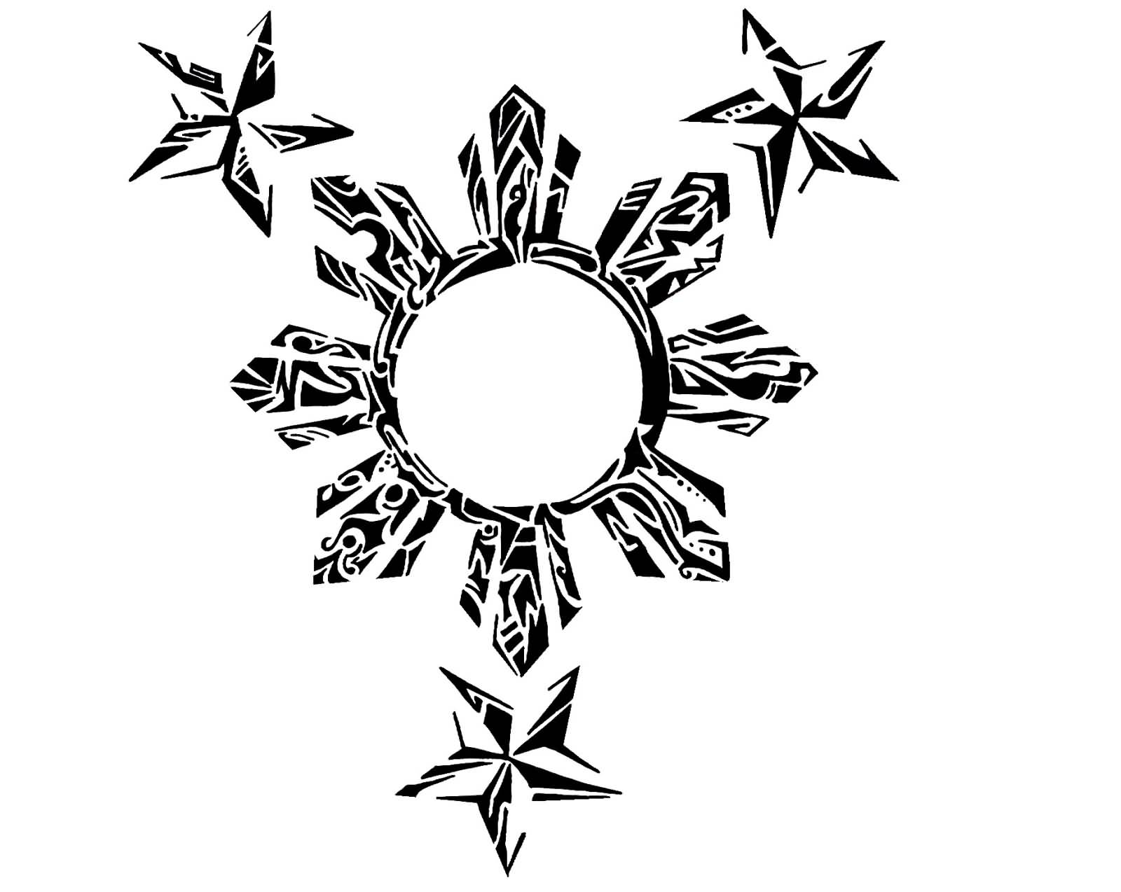 Three Nautical Stars And Sun Tattoo Design