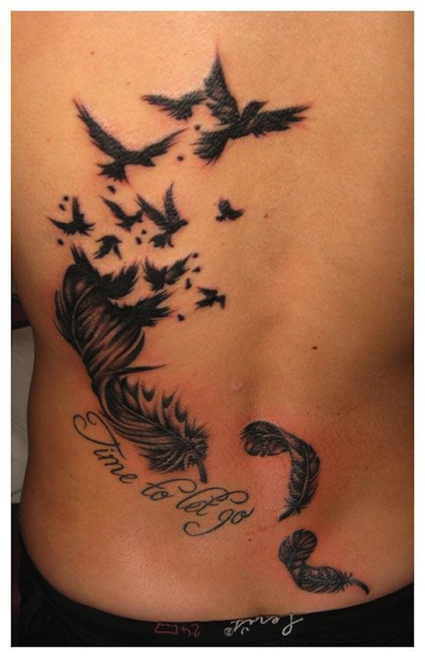 Time To Let Go Flying Birds From Feather Tattoo On Full Back