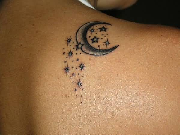 Tiny Stars And Moon Tattoo On Right Back Shoulder