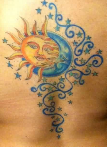 Tiny Stars And Sun Moon Tattoo On Back