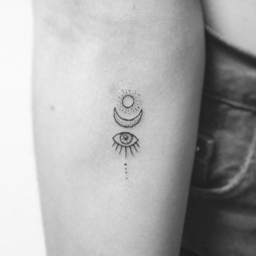 Tiny Sun And Moon With Small Eye Tattoo On Forearm