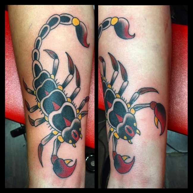 Traditional Black And Red Ink Scorpion Tattoo On Sleeve