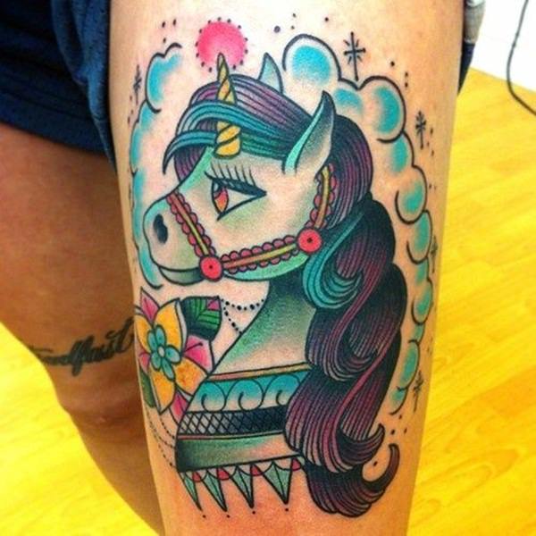 Traditional Unicorn Tattoo On Left Thigh