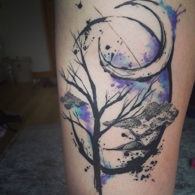 Tree And Crescent Moon Watercolor Tattoo