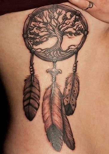 Tree And  Dreamcathcer Tattoo On Side rIUb