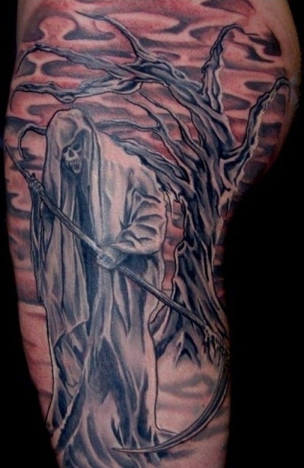 Tree and Grim Reaper Tattoo On Side Leg