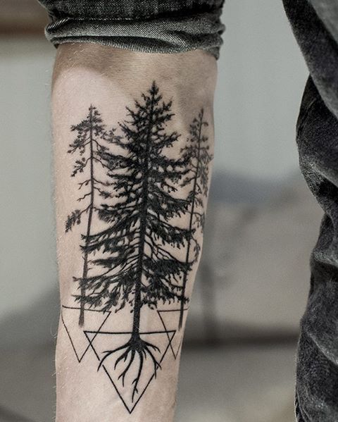 Triangles and Pine Tree Tattoo On Forearm